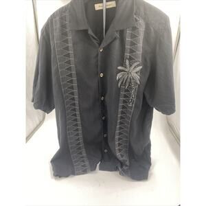 Tommy Bahama Shirt Mens Large Black Short Sleeve 100% Silk Button Up Palm Tree
